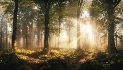 Obraz premium Golden Sunlight Filtering Through a Foggy Forest
