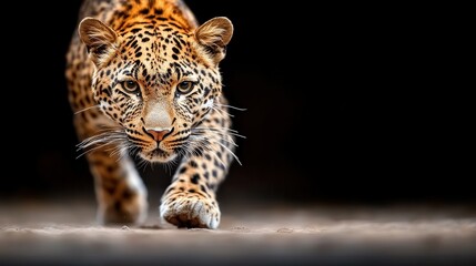 Obraz premium A majestic leopard with intense focus and striking spots walks confidently forward, embodying power, grace, and the wild beauty of nature.