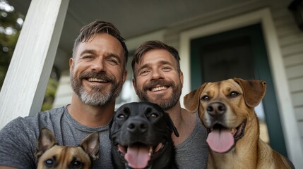Two joyful men sitting closely together on a porch with three friendly dogs, exuding happiness and companionship in a comfortable home environment.
