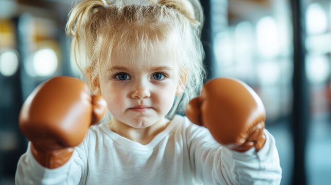 A determined young child poses with brown boxing gloves, displaying concentration and readiness in an athletic environment with vibrant lighting and focus.