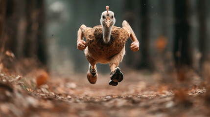 A humorous image of a chicken running in a forest setting, wearing sneakers, showcasing a comical and playful concept in an outdoor environment.