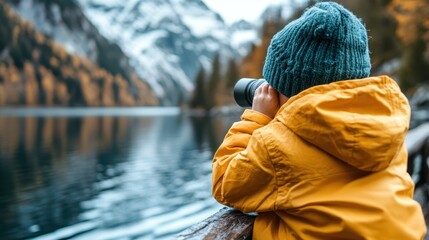 A child in a yellow outfit observes a serene mountain lake using a camera, capturing the tranquil beauty of nature surrounded by snow-capped peaks and still waters.