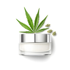 Luxurious CBD Cream in Glass Jar with Cannabis Leaves and Buds on White Background