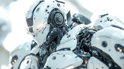 Fototapeta premium Close-up of a White Robot with Complex Mechanical Design
