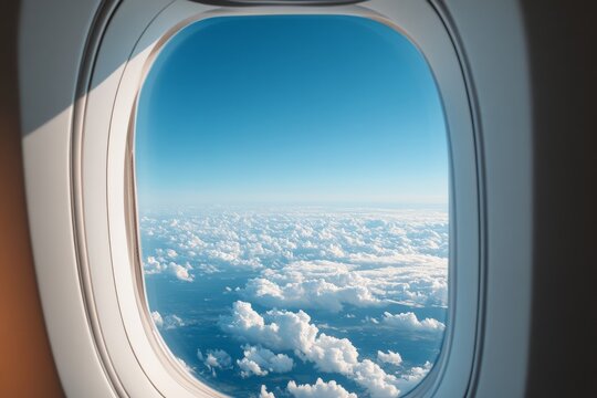 The serene image presents a majestic view of fluffy clouds through an airplane window, capturing a sense of wonder and infinitude against a brilliant blue sky backdrop.