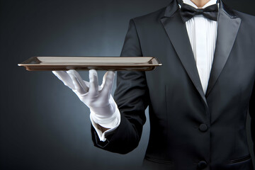 Gloved hand presents empty tray, suggesting anticipation of service and elegance