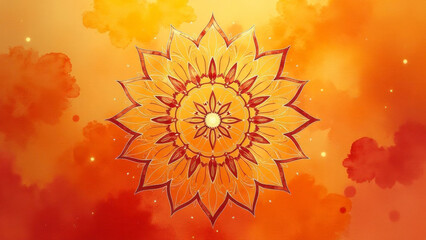 Flower mandala on orange background. Happy Diwali, Utpanna Ekadashi, Indian festive greeting card. Traditional Turkish, Indian motifs. Illustration for print, poster, cover, flyer, banner, textile.