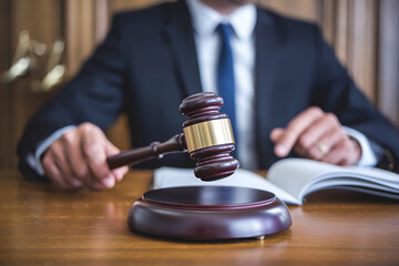 Man in suit holds gavel, blurred courtroom scene suggests authority and decision making