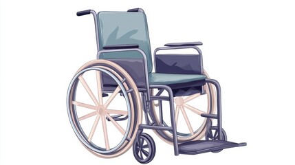 Fototapeta premium Cartoon clipart of patient in wheelchair, flat style, light blue tones, isolated on white, healthcare support concept