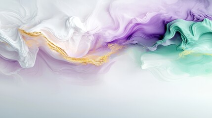 Obraz premium Elegant fluid art a captivating blend of purple white and green swirls enhanced with golden highlights for modern decor inspiration