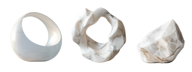 Set of abstract white marble sculptures with organic shapes for modern home decor isolated on transparent PNG