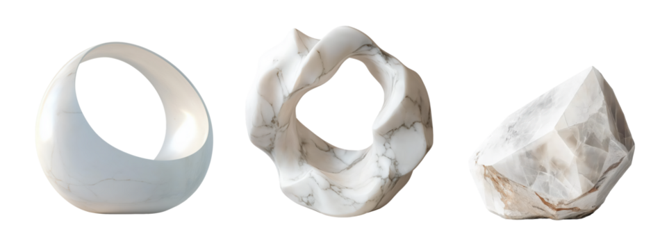 Set of abstract white marble sculptures with organic shapes for modern home decor isolated on transparent PNG
