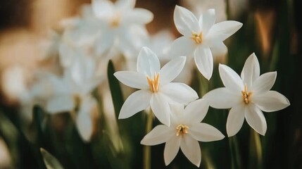 Obraz premium White star-shaped flowers blooming in soft focus, with a blurred, gentle background for a peaceful botanical composition.