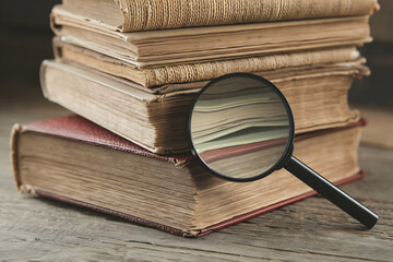 Magnifying glass on old books evokes research and study environment