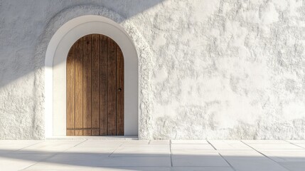Wooden door with a stone arch on a pristine white wall, highlighting rustic textures in a simple, architectural setting.