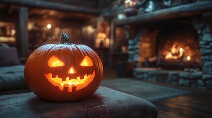 Obraz premium A carved pumpkin glows warmly in a cozy, rustic setting.