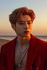 A handsome Korean man with light brown hair, wearing a red blazer and a silver necklace, standing on the beach.