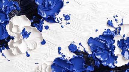A beautiful composition of blue and white floral artistry with textured waves and splashes of paint for a striking visual experience