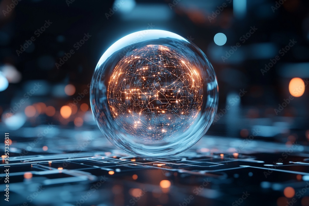 Poster a digital sphere encapsulating a glowing network amidst a backdrop of circuitry. the image symbolize