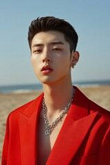 A handsome Korean man with light brown hair, wearing a red blazer and a silver necklace, standing on the beach.
