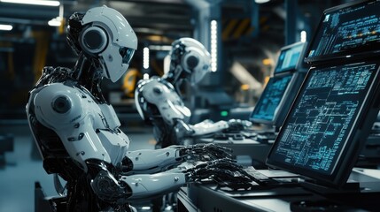 Engineers programming industrial robots in a factory, with computers guiding the precise