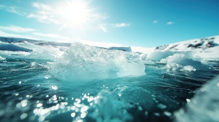 A stunning iceberg glistens under bright sunlight, set against the sprawling ice-laden backdrop of the polar region, signifying nature's purity and rawness.