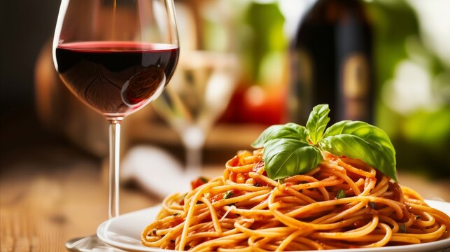 Plate of spaghetti with a glass of red wine on the table