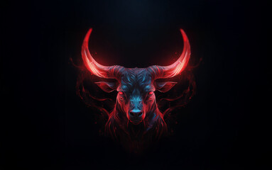 A dark, detailed, and menacing bull with glowing red horns against a black background.