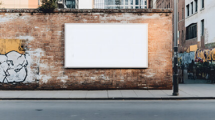 A blank billboard stands out against a textured brick wall, framed by urban artistry, inviting creativity and inspiration in a bustling environment.