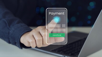 Online Payment Transaction Process concept. Businessman confirming secure online payment using credit card through digital interface with verification tick symbol. Internet banking, fintech