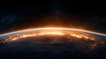 Fototapeta premium A Striking Visual of Earth as a Boiling Pot, Enveloped in Cosmic Night and Steamed with Fiery Glow and Etheric Elements