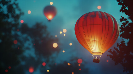 Obraz premium Hot air balloons flying over beautiful landscape and the night , Balloons in night , Mountain landscape and sun over floating colourful air hot balloons