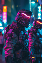 Futuristic  Soldier in Neon Cityscape at Night