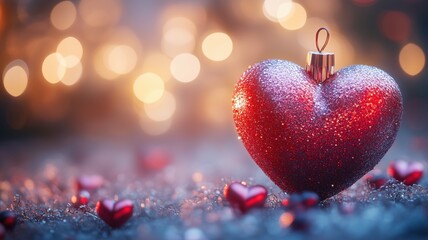 Red heart love ornament on a table with many other heart ornaments. Christmas winter Scandinavian theme. Panorama banner format