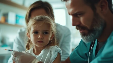 Obraz premium A young girl looks slightly anxious as a healthcare professional carefully administers a vaccination. The setting is a bright medical office with attentive care.