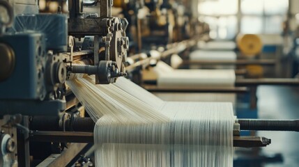 Fototapeta premium Industrial machines in a textile factory creating luxurious silk fabrics, with a focus on the