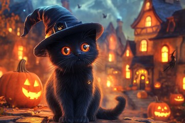 Black Cat in a Witch Hat with Halloween Village Background - AI generated illustration