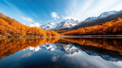 Stunning autumn scenery with golden trees, a clear reflective lake, and snow-capped mountains under a vibrant blue sky, capturing the beauty of nature's transition.