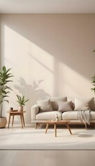 Fototapeta premium A minimalist living room with a beige sofa, a wooden side table, and a potted plant in the corner. The room has a warm, natural lighting coming from a window.