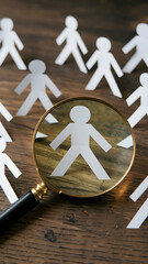 Magnified figure among paper cutouts on table, symbolizing unity and teamwork Vertical Mobile Wallpaper