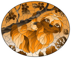 An illustration in the style of a stained glass window with a cute cartoon sloth, on a tree branch, a oval image, tone brown