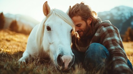 A man enjoys a tender moment bonding with a white horse while seated in a meadow, surrounded by serene natural beauty and mountains in the background.