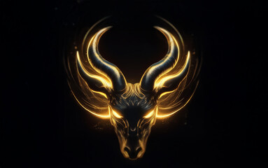 A stylized black and gold bull head with horns, glowing in the dark.