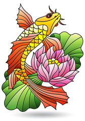 Stained glass illustration with fish and lotus flower, animal isolated on a white background