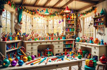 Magical Elf Workshop with Colorful Tools and Whimsical Charm