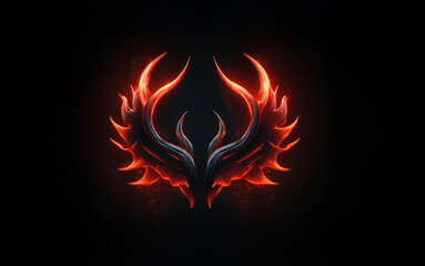 A stylized abstract design in the shape of wings with flaming tips set against a dark background.