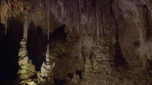 Limestone Caves Of Carlsbad Caverns National Park In The Chihuahuan Desert Of Southern New Mexico, USA. Pan Down Shot