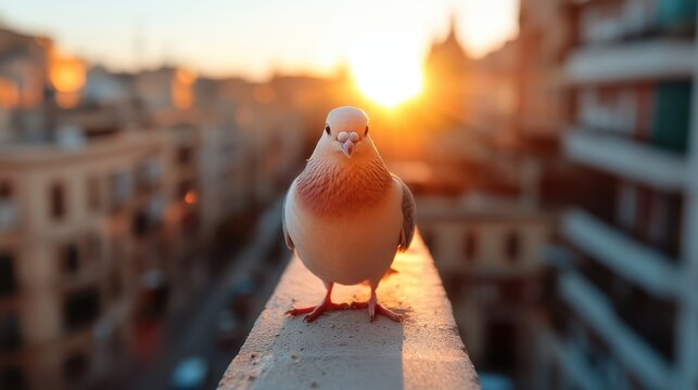 A pigeon confidently stands on a ledge overlooking a city, bathed in the warm glow of the setting sun, symbolizing freedom and urban life's vibrancy.