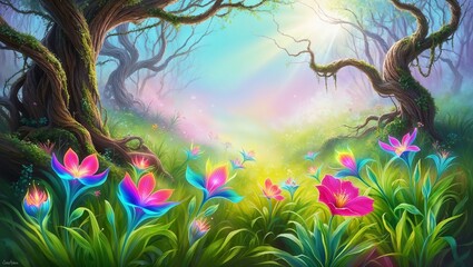Obraz premium Vibrant flowers blooming in an enchanting forest glade on a serene morning, surrounded by mystical trees and soft, colorful light