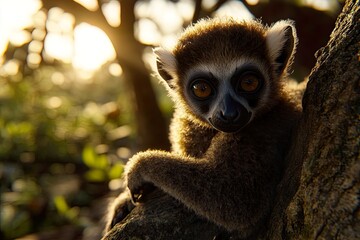 Obraz premium Close-up of a curious young lemur in nature.
